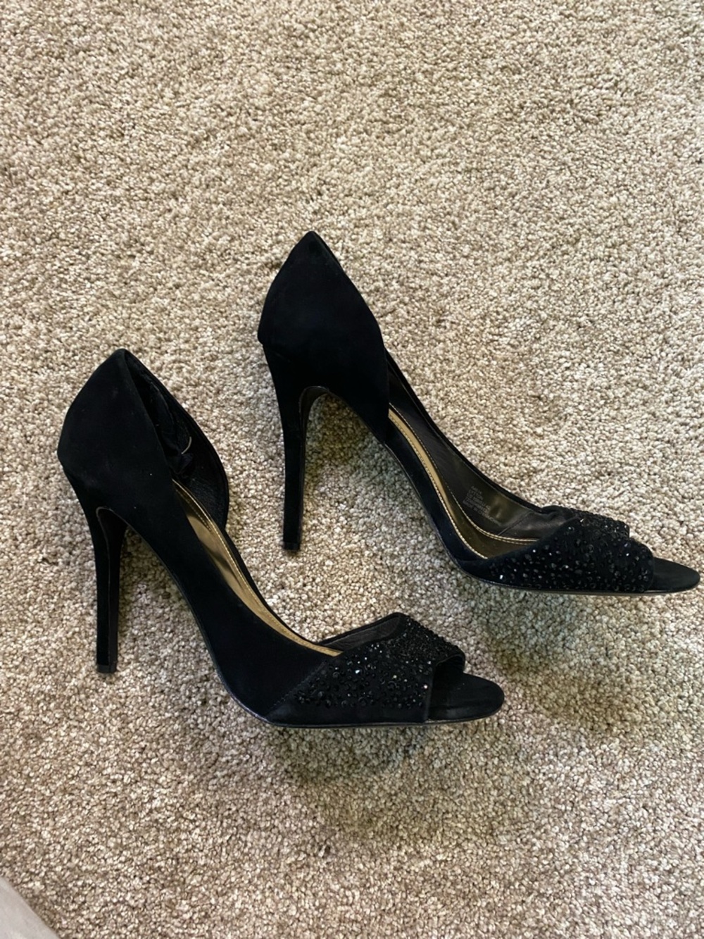 Coach Black Suede Open-Toe Crystal Accent Stilettos